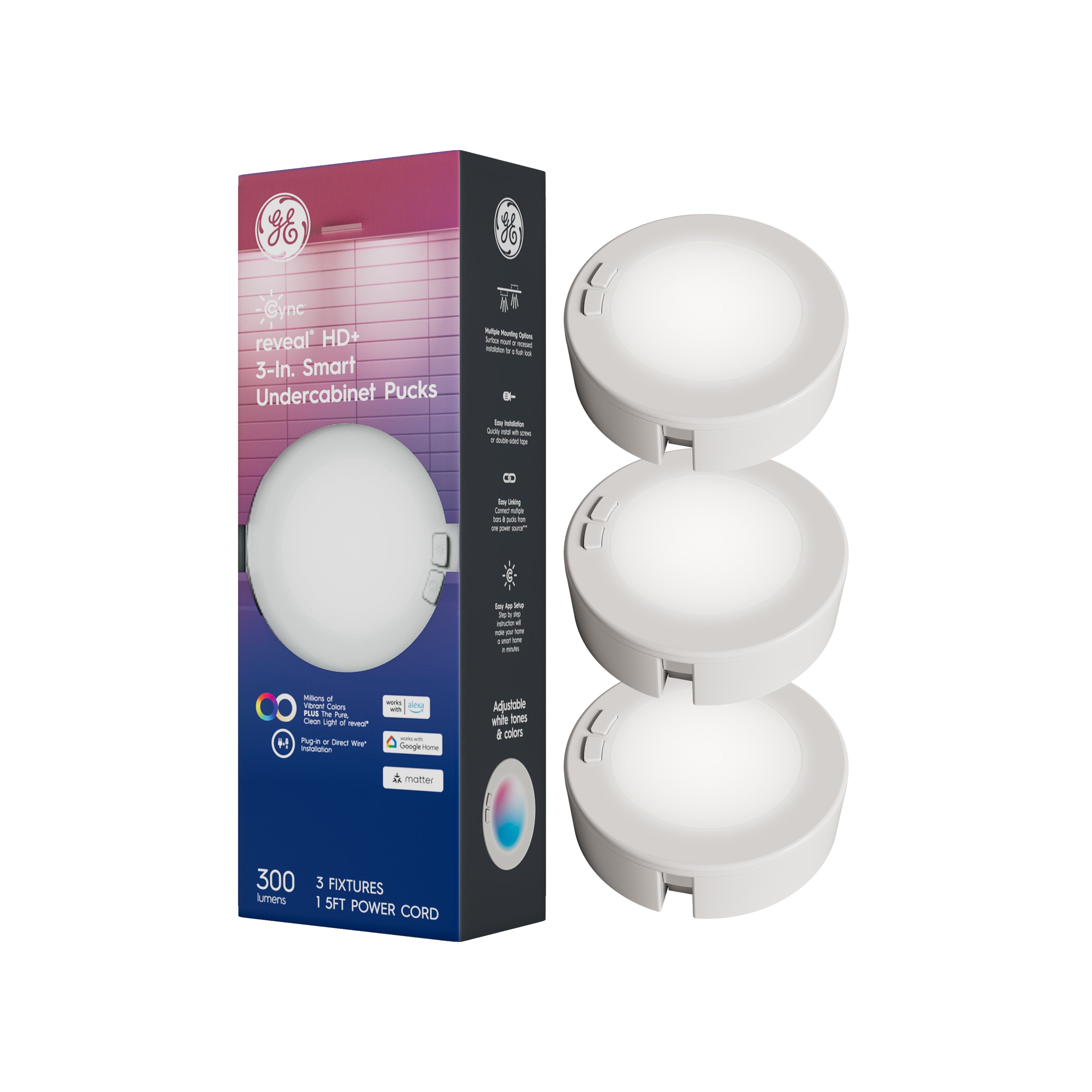 GE Cync Full Color reveal® Smart LED Undercabinet Puck Lights, 3in (3 Pack)